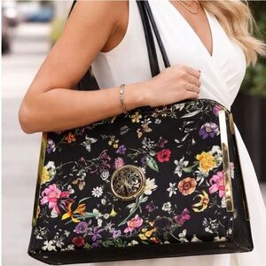 Dasein Floral Structured Tote Black Gold Hardware Zip Top Shoulder Bag